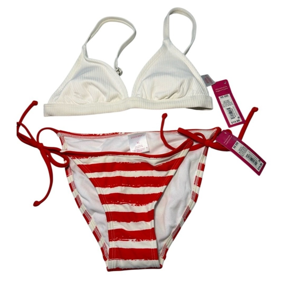 Xhilaration White‎ Ribbed Triangle Top Red White Striped Side Tie Bikini Set XS - Picture 5 of 12